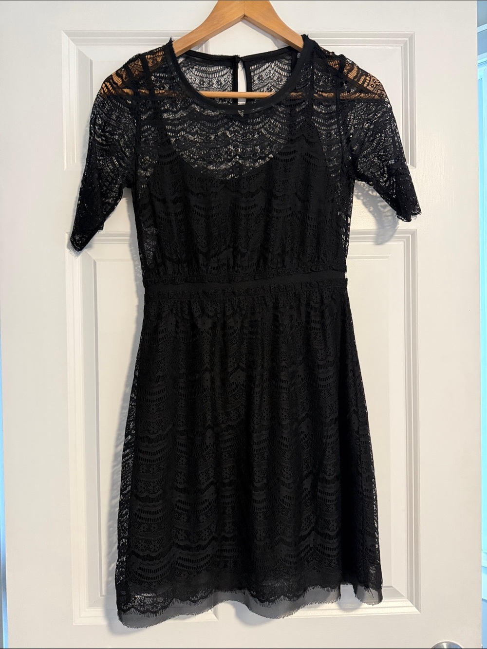 Max & Cleo Black Lace Short Sleeve Fit-and-Flare Mini Dress